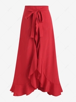 Tie Front Ruffles Overlap Lined Long Skirt L Red
