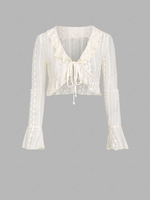 Tie Front Ruffles Sheer Lace Cropped Top L Light yellow
