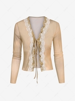 Tie Front Sheer Mesh Lace Trim Top S Coffee
