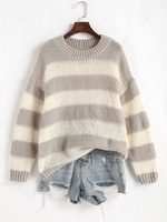 Two Tone Striped Drop Shoulder Jumper Sweater L Light coffee