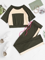 Two Tone Top and Drawstring Pants Set Xl Deep green
