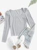 U Collar Rib-knit Puff Sleeve Marled Top Light gray