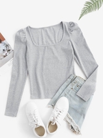 U Collar Rib-knit Puff Sleeve Marled Top Light gray