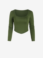 U Neck Curved Hem Crop T Shirt M Green