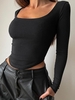 U Neck Curved Hem Crop T Shirt S Black