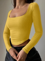 U Neck Curved Hem Crop T Shirt S Yellow