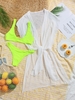 U Neck Neon Bikini Swimwear With High Slit Semi Sheer Cover Up Green