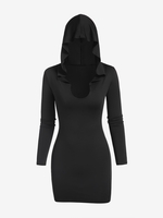 U Notched Hooded Mini Bodycon Dress M Black