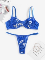 Underwire Embroidered Lingerie Bra Set L Blue
