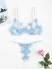 Underwire Floral Applique Mesh Lingerie Set L Light blue