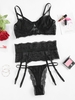 Underwire Lace Three Piece Lingerie Bra Set L Black