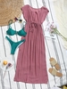 Underwire Ladder Strap High Cut Bikini Swimwear with High Slit Flowy Long Cover Up Dress Deep green