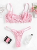 Underwire Picot Trim Floral Embroidered Mesh Lingerie Set S Light pink