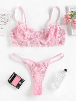 Underwire Picot Trim Floral Embroidered Mesh Lingerie Set S Light pink