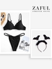 Underwire Scalloped Bikini Set With Halloween Faux Fur Bat Headband Black