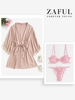 Underwire Scalloped Lace O Ring Bra Set with Lace Trim Satin Belted Robe Light pink