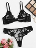 Underwire Sheer Floral Mesh Lingerie Set L Black
