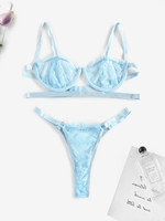 Underwire Solid Eyelash Lace Lingerie Set S Light blue
