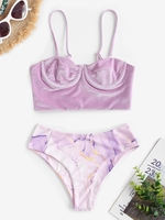 Underwire Velvet Marble Print Ribbed Bikini Swimwear Light purple