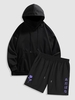 Unisex Basic Hoodie With Japanese Characters Rose Print Shorts Two Piece Set Outfit Black