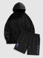 Unisex Basic Hoodie With Japanese Characters Rose Print Shorts Two Piece Set Outfit Black