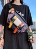 Unisex Colorblock Buckle Lace-up Waist Bag with Bag Charm