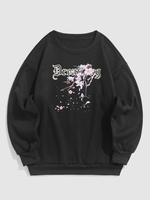 UNISEX Letter and Flowers Pattern Fleece-lined Sweatshirt 2xl Black