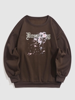 UNISEX Letter and Flowers Pattern Fleece-lined Sweatshirt 2xl Brown bear