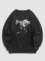 UNISEX Letter and Flowers Pattern Fleece-lined Sweatshirt S Black