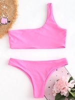 Unlined One Shoulder Bikini Set M Hot pink