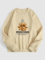 UPSIDE DOWN Bear Graphic Fleece Thermal Lined Pullover Sweatshirt L Light coffee