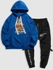 Upside Down Bear Slogan Print Hoodie and Letter Print Cargo Jogger Pants Set Outfit Blue