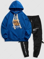 Upside Down Bear Slogan Print Hoodie and Letter Print Cargo Jogger Pants Set Outfit Blue