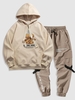 Upside Down Bear Slogan Print Hoodie and Letter Print Cargo Jogger Pants Set Outfit Light coffee