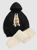 Upside Down Bear Slogan Print Pocket Hoodie and California Embroidered Fuzzy Polar Fleece Pants Set Black