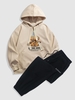 Upside Down Bear Slogan Print Pocket Hoodie and California Embroidered Fuzzy Polar Fleece Pants Set Light coffee