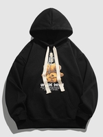 Upside Down Bear Slogan Print Pocket Pullover Hoodie S Black