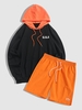 USA Embroidery Colorblock Hoodie with LOS ANGELES Embroidery Drawstring Shorts Set Black