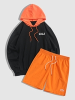 USA Embroidery Colorblock Hoodie with LOS ANGELES Embroidery Drawstring Shorts Set Black