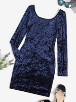 V Back Velvet Ruched Bodycon Dress L Deep blue