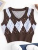 V Neck Argyle Cropped Sweater Vest M Deep coffee