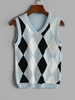 V Neck Argyle Knitted Vest M Sea blue