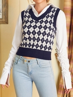 V Neck Argyle Preppy Sweater Vest M Deep blue