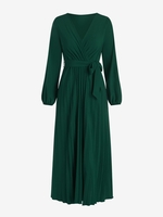 V Neck Belted Pleated Maxi Dress L Deep green