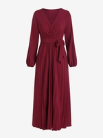 V Neck Belted Pleated Maxi Dress M Deep red