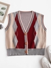 V Neck Button Up Argyle Cardigan Vest Deep red