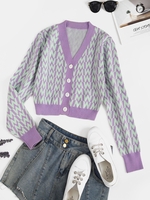 V Neck Button Up Dazzling Graphic Cardigan Purple