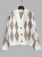 V Neck Button Up Geometric Graphic Cardigan L White