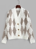 V Neck Button Up Geometric Graphic Cardigan S White