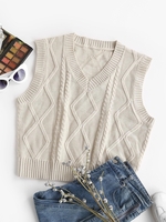 V Neck Cable Fisherman Knit Sweater Vest S Light coffee